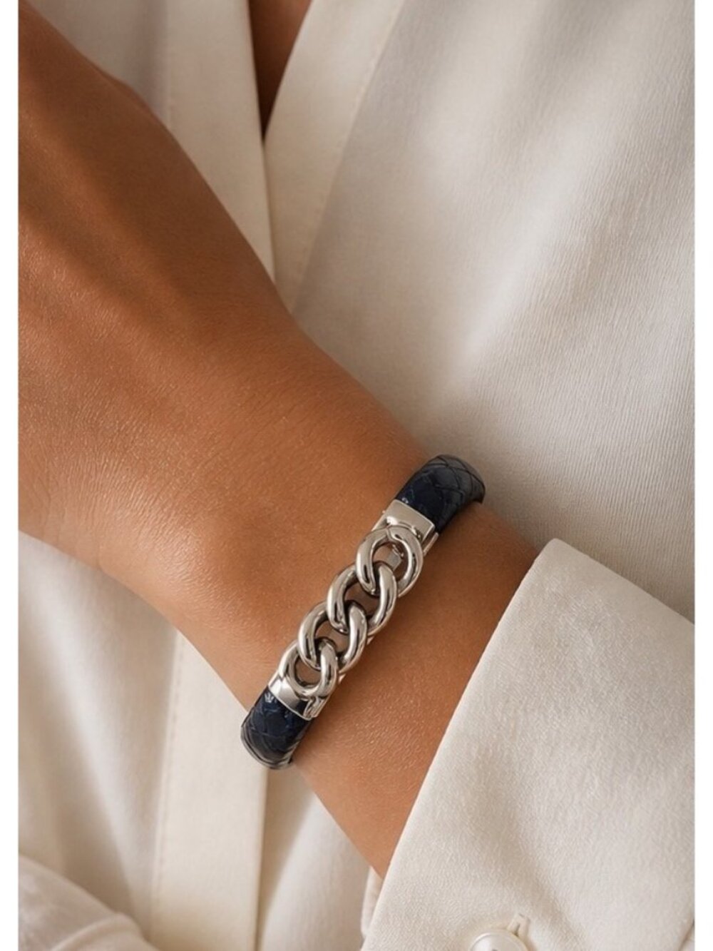 Mannelli Florence Silver Plated Leather Faux Snake Skin Bangle Bracelet Italy